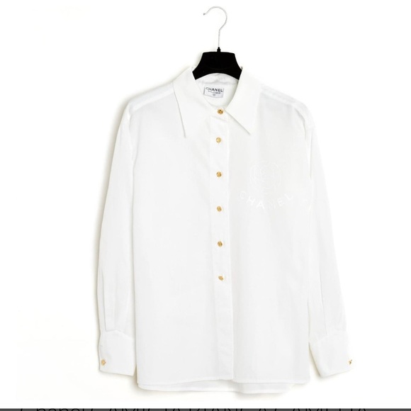 Chanel White Dress Shirt for with CHANEL Embroidery Sz S
